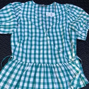 LOFT Gingham Wrap Top Green Plaid Size S